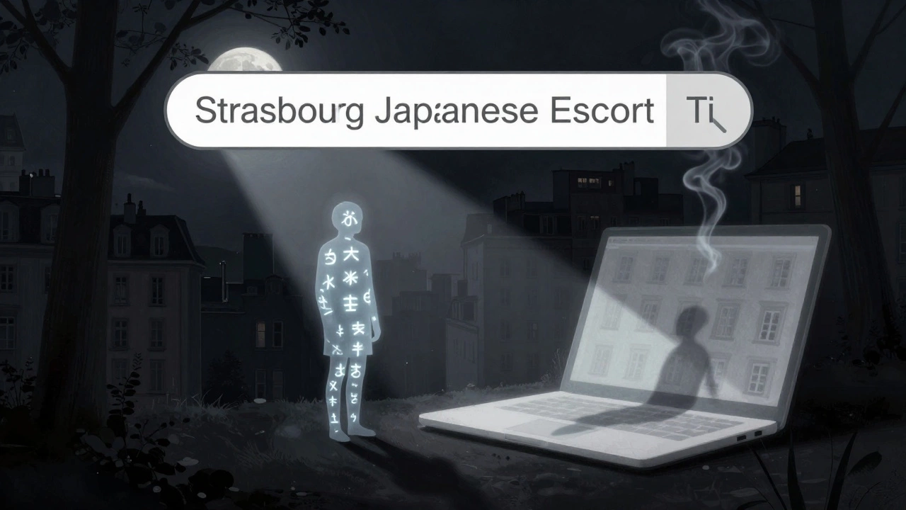 A translucent figure made of kanji stands beside dark city buildings, moonlight fading a digital search query into smoke.