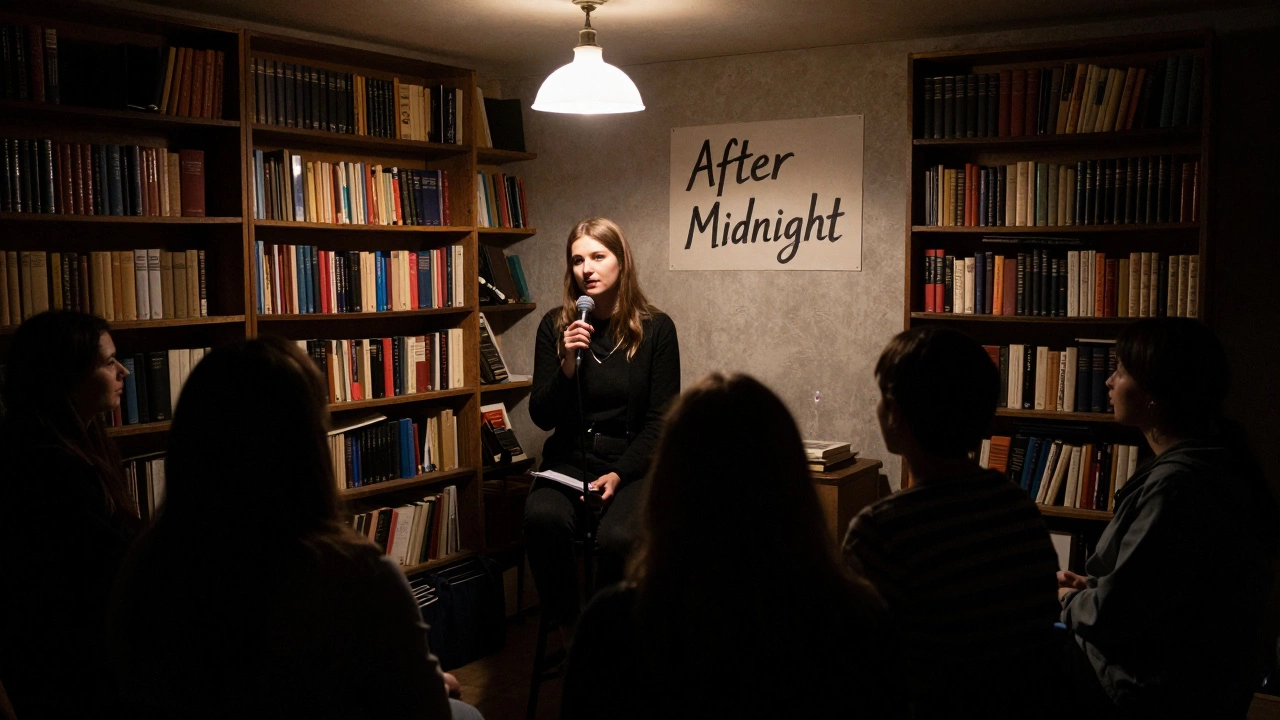 A woman speaking at a small poetry event in Perm, dim lamplight, audience in shadow, Russian books on shelves behind her.