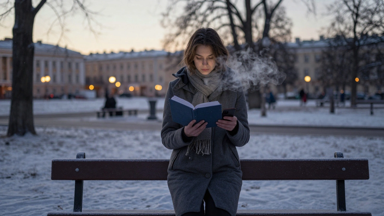 A woman standing alone by a frosty park bench in St. Petersburg at twilight, holding a book and phone, city lights in distance.