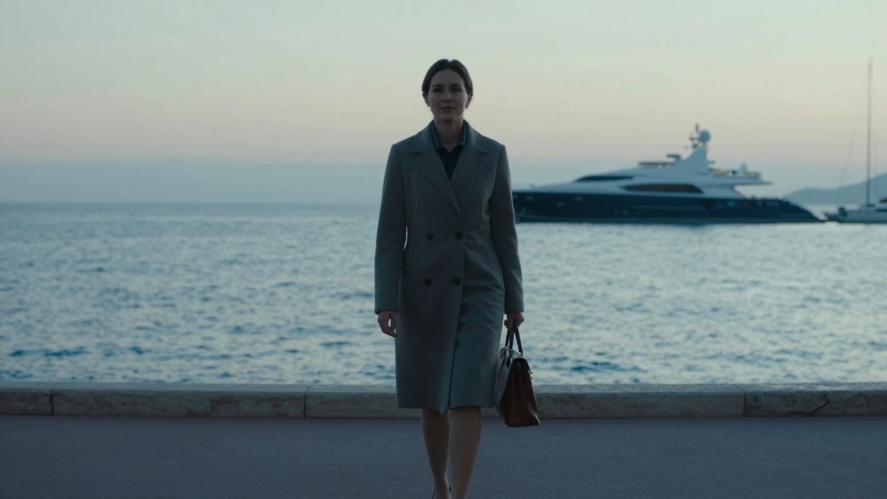 A woman walking alone at dawn along the Monaco promenade, embodying discretion and quiet strength.