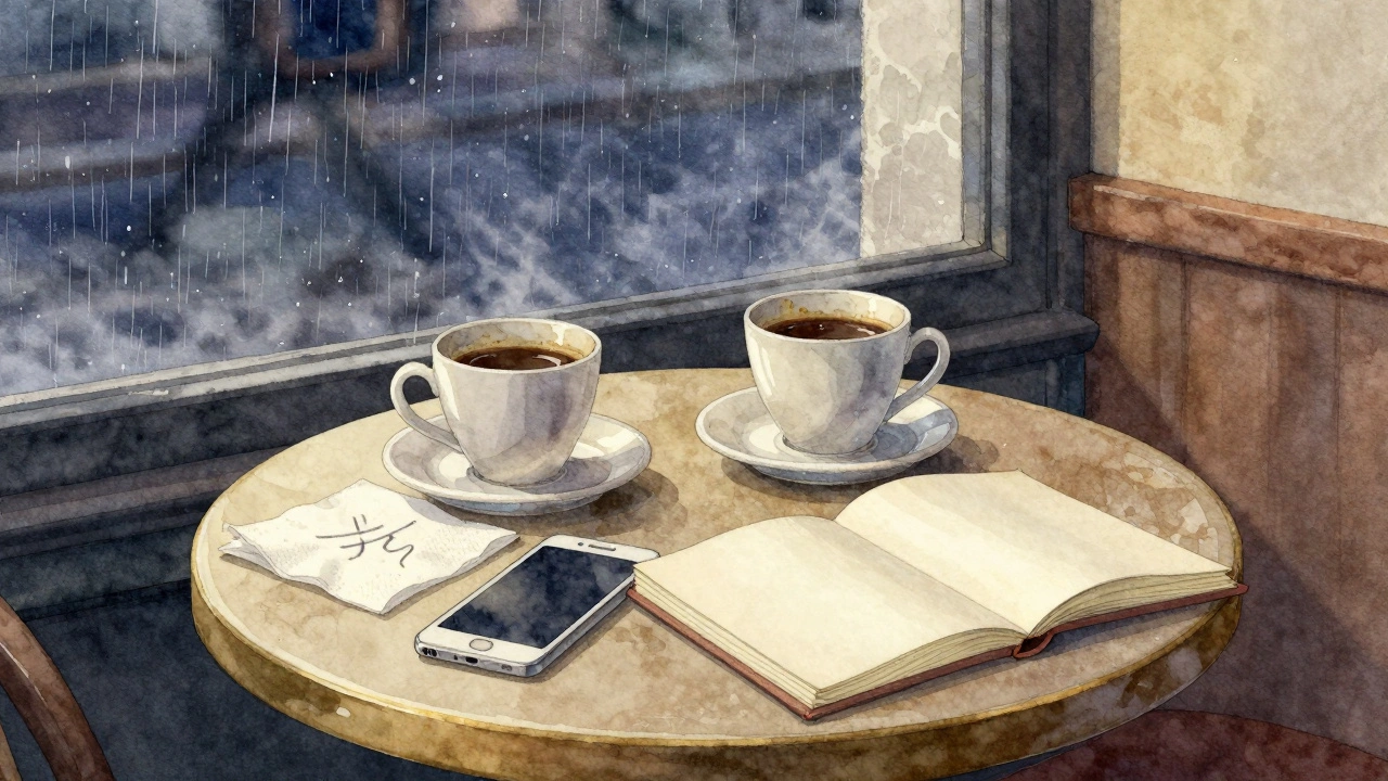 An empty café table in Strasbourg with two coffee cups and a notebook, rain streaking the window behind.