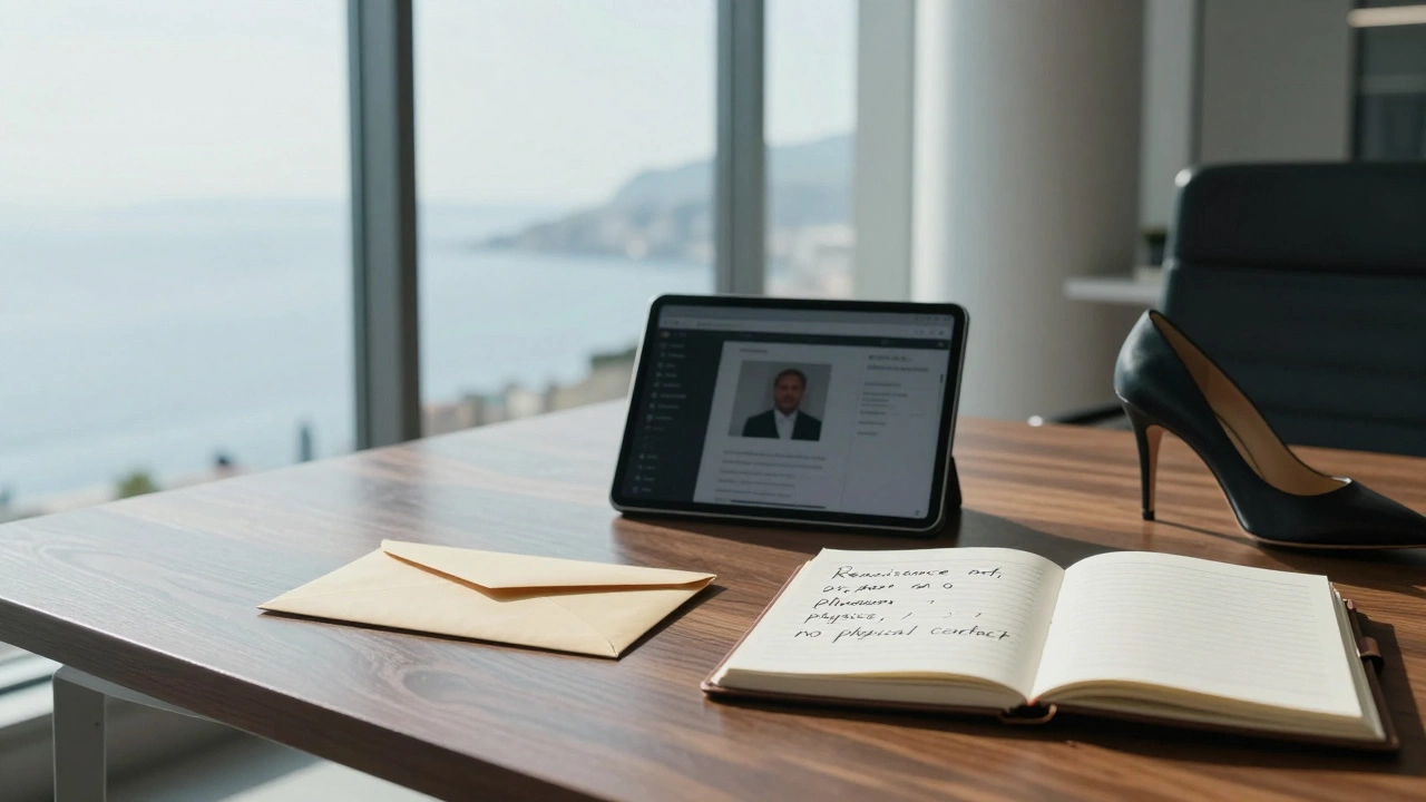 An upscale Monaco companion agency office with client profiles and notes on professionalism and boundaries.